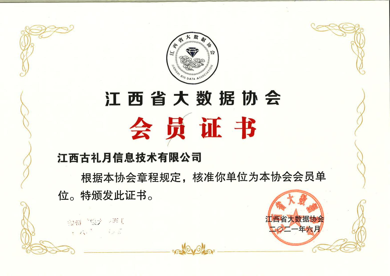 江西省大(dà)數據協會會員證書
